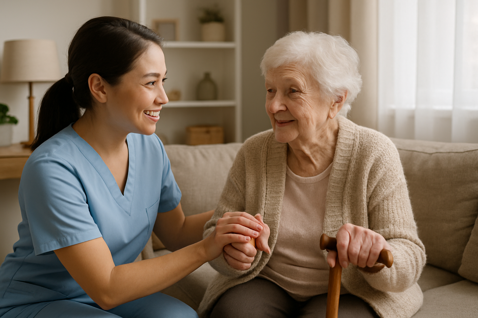 Caregiver providing support to an elderly resident in a comfortable home setting Caregiver providing support to an elderly resident in a comfortable home setting